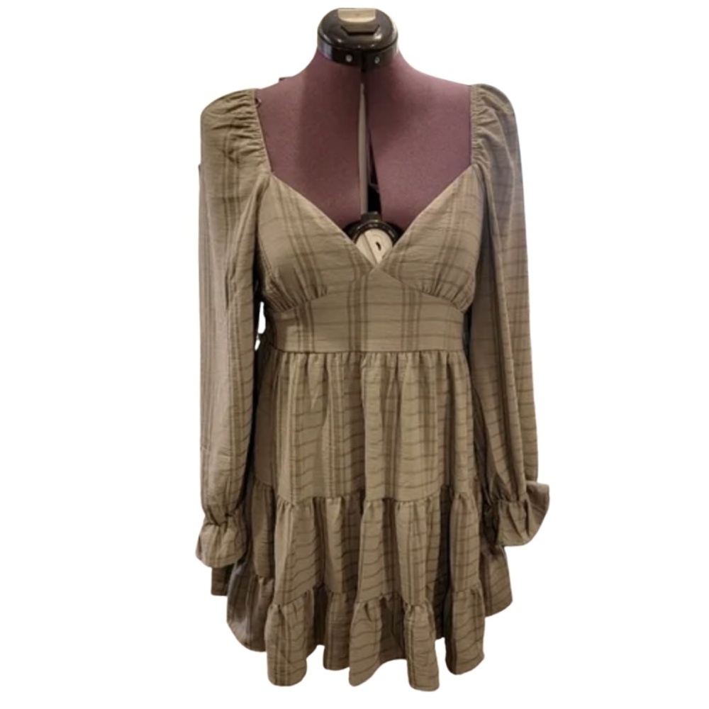 Altar’d State Plaid Tiered Long Sleeve Mini Dress – Olive Green – Size Small